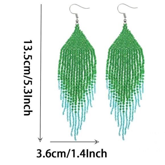Green Bohemian Seed Bead Tassel Dangling Statement French Wire Hook Earrings - Picture 4 of 7